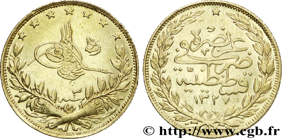 TURQUIE 100 Kurush en or Sultan Mohammed V Resat AH 1327, An 3 1911 Constantinople SUP 