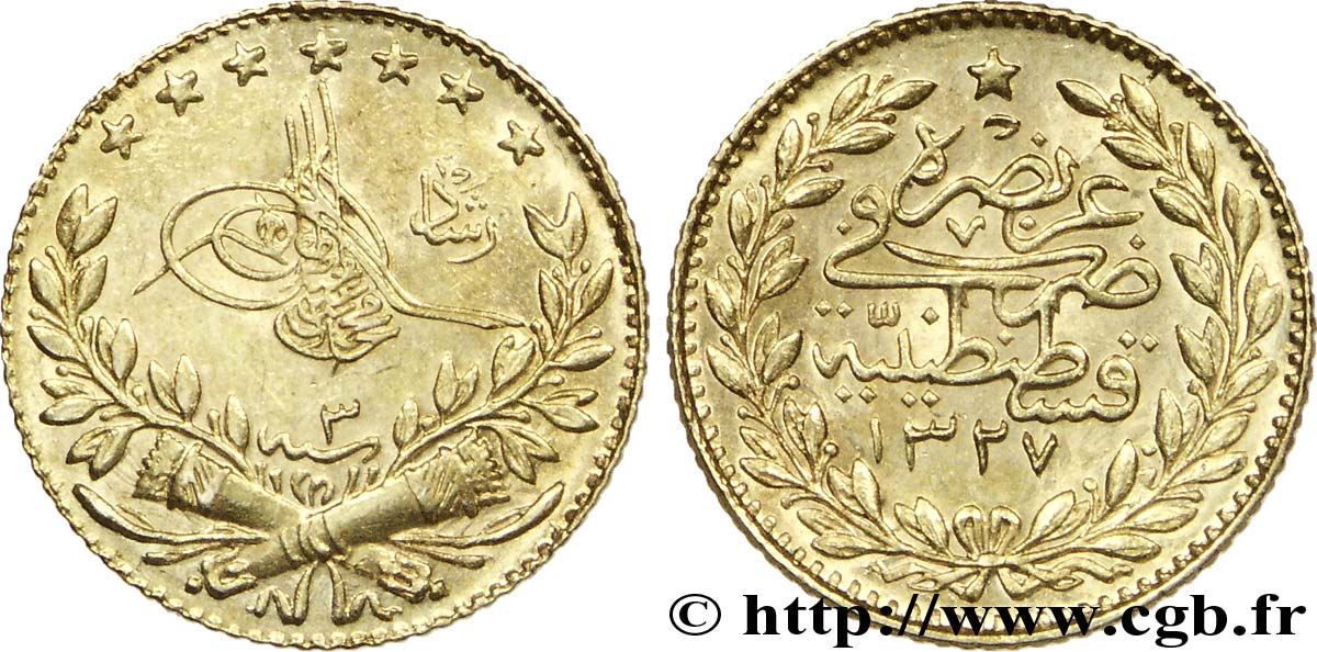 TURQUIE 25 Kurush en or Sultan Mohammed V Resat AH 1327, An 3 1911 Constantinople SUP 
