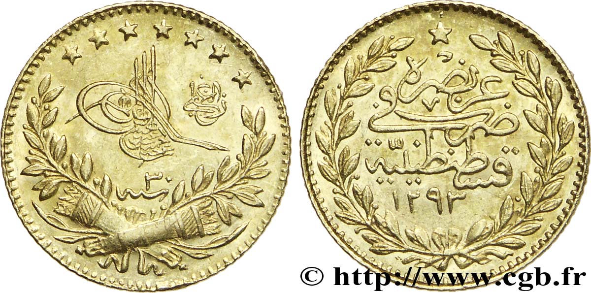 TURQUIE 25 Kurush en or Sultan Abdülhamid II AH 1293, An 30 1904 Constantinople SUP 