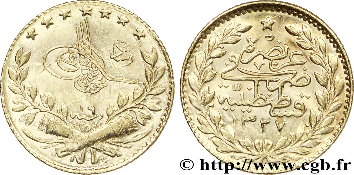 TURQUIE 25 Kurush en or Sultan Mohammed V Resat AH 1327, An 6 1917 Constantinople SUP 