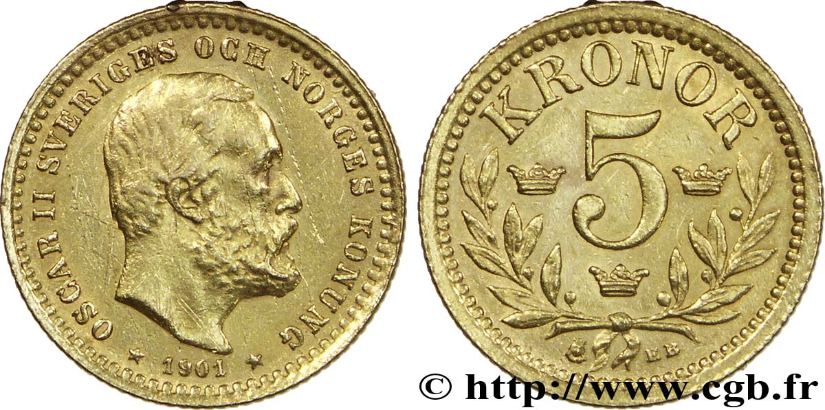 SUÈDE 5 Kronor roi Oscar II 1901  SUP 