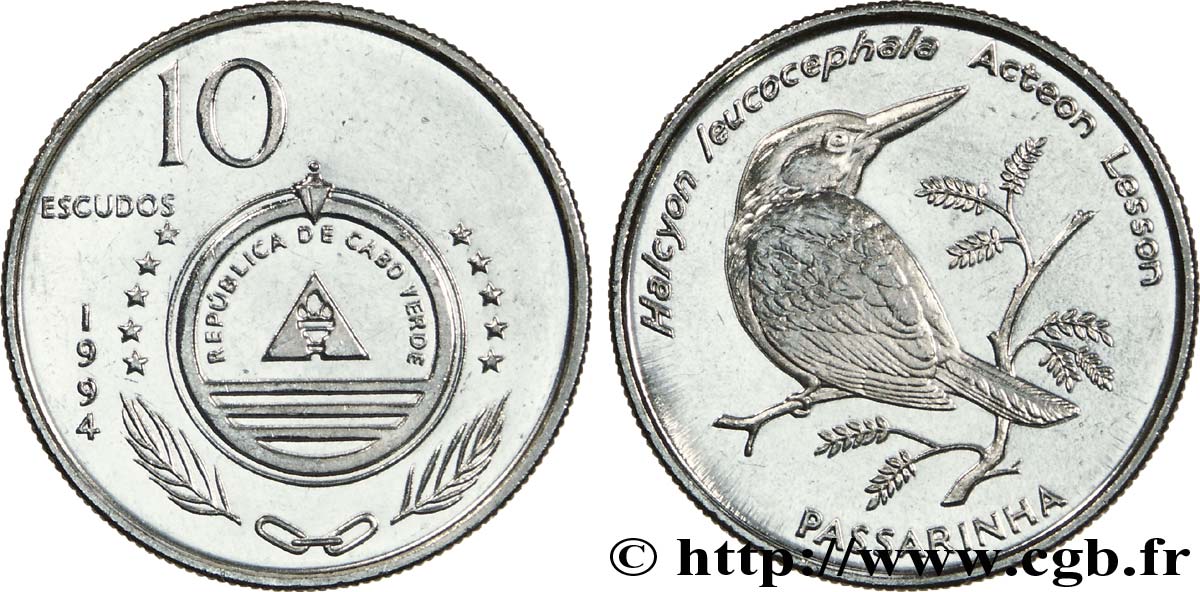 CAP VERT 10 Escudos série ornithologique  : emblème / halcyon leucephala (Martin-chasseur à tête grise) 1994  SUP 