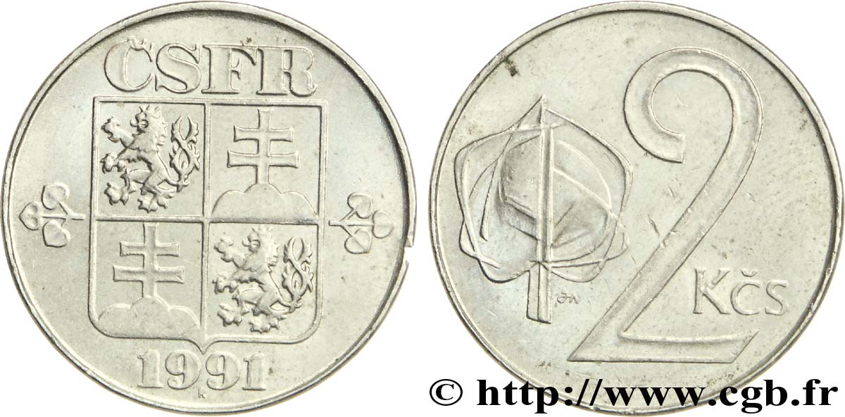 TCHÉCOSLOVAQUIE 2 Koruny emblème de la république 1991  SUP 