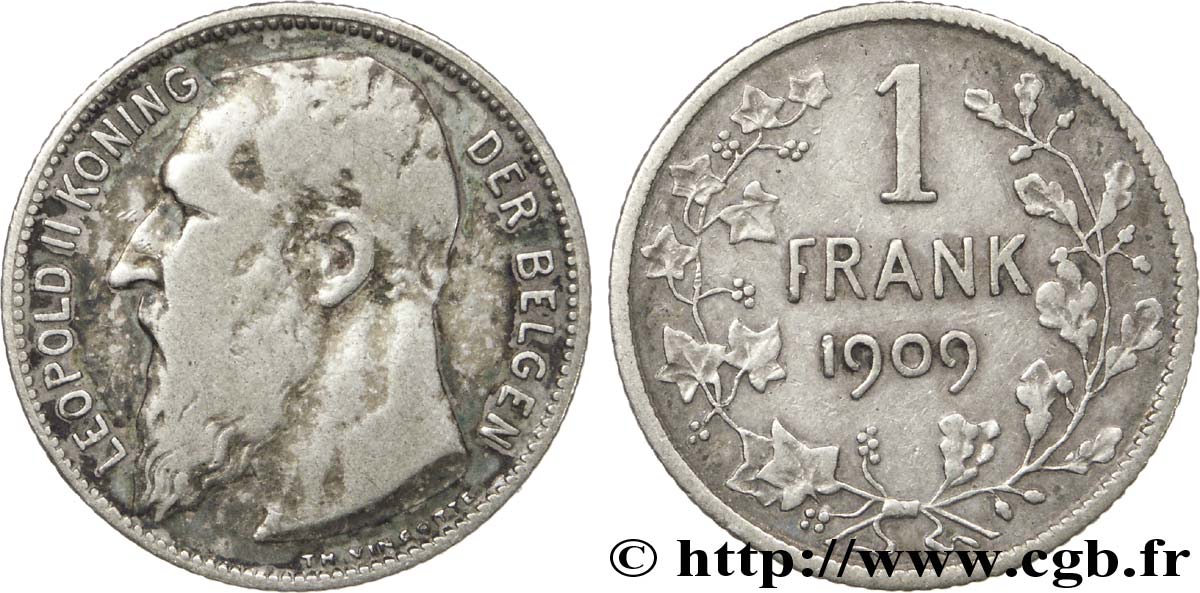 BELGIQUE 1 Franc Léopold II légende française variété sans point dans la signature 1909  B+ 