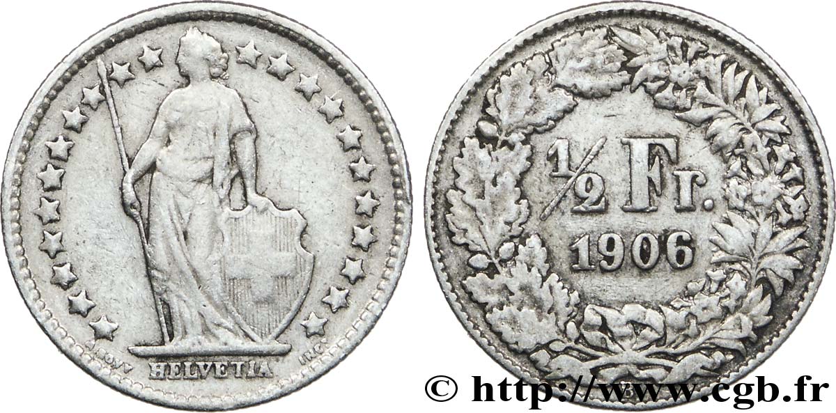 SWITZERLAND 1/2 Franc Helvetia 1906 Berne VF 