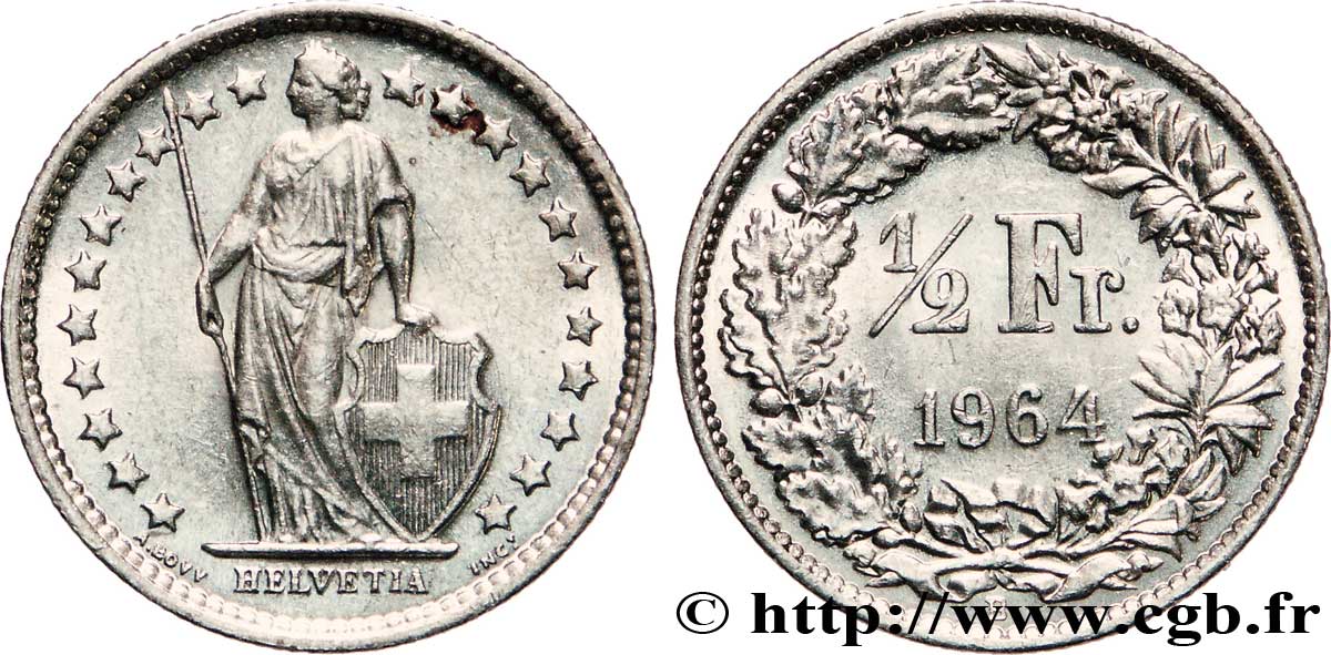 SWITZERLAND 1/2 Franc Helvetia 1964 Berne - B AU 