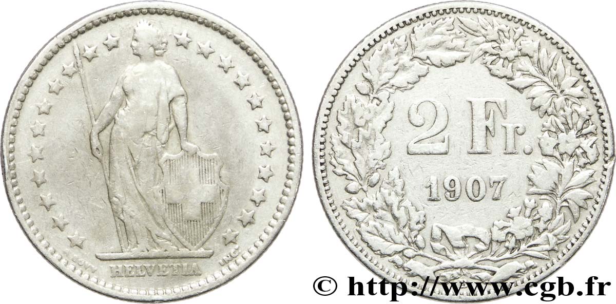 SUISSE 2 Francs Helvetia 1907 Berne - B TB 