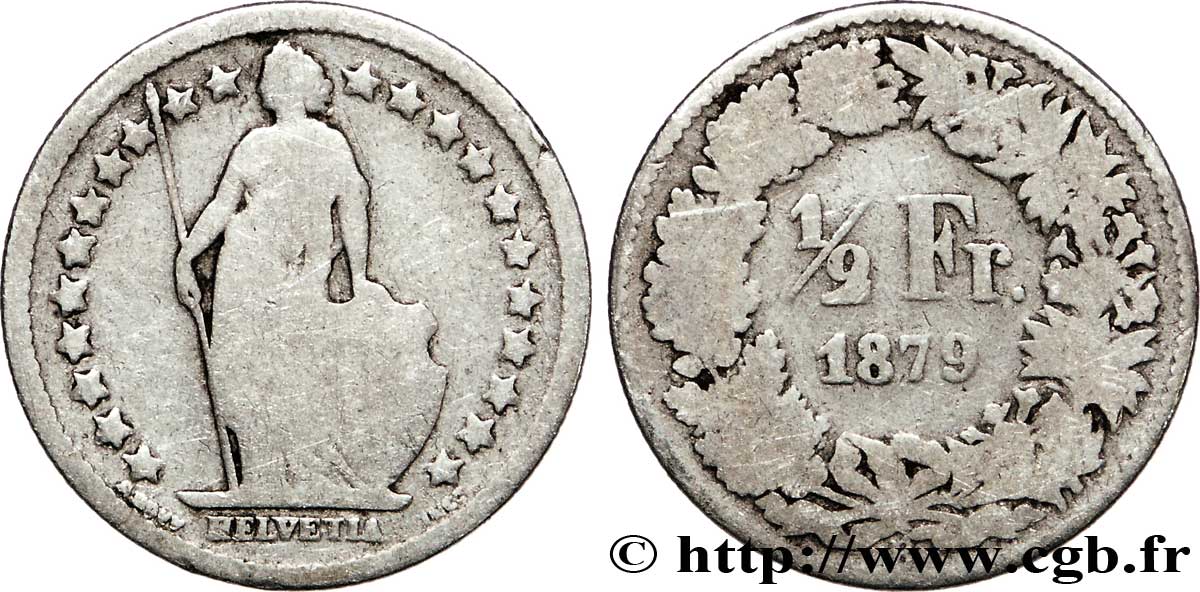 SUISSE 1/2 Franc Helvetia 1879 Berne - B TB 