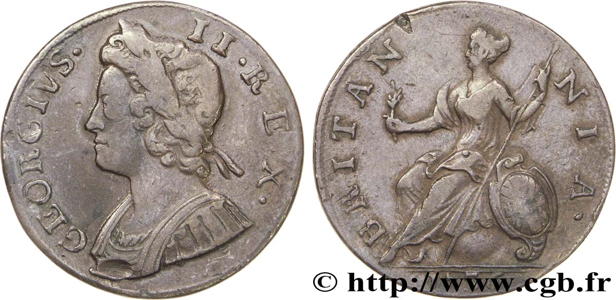ROYAUME-UNI 1/2 Penny Georges II tête laurée / Britannia 1736  TB 
