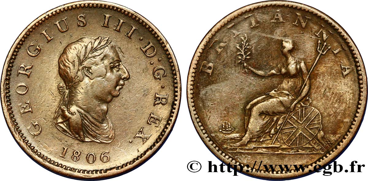 ROYAUME-UNI 1/2 Penny Georges III tête laurée 1806  TTB 