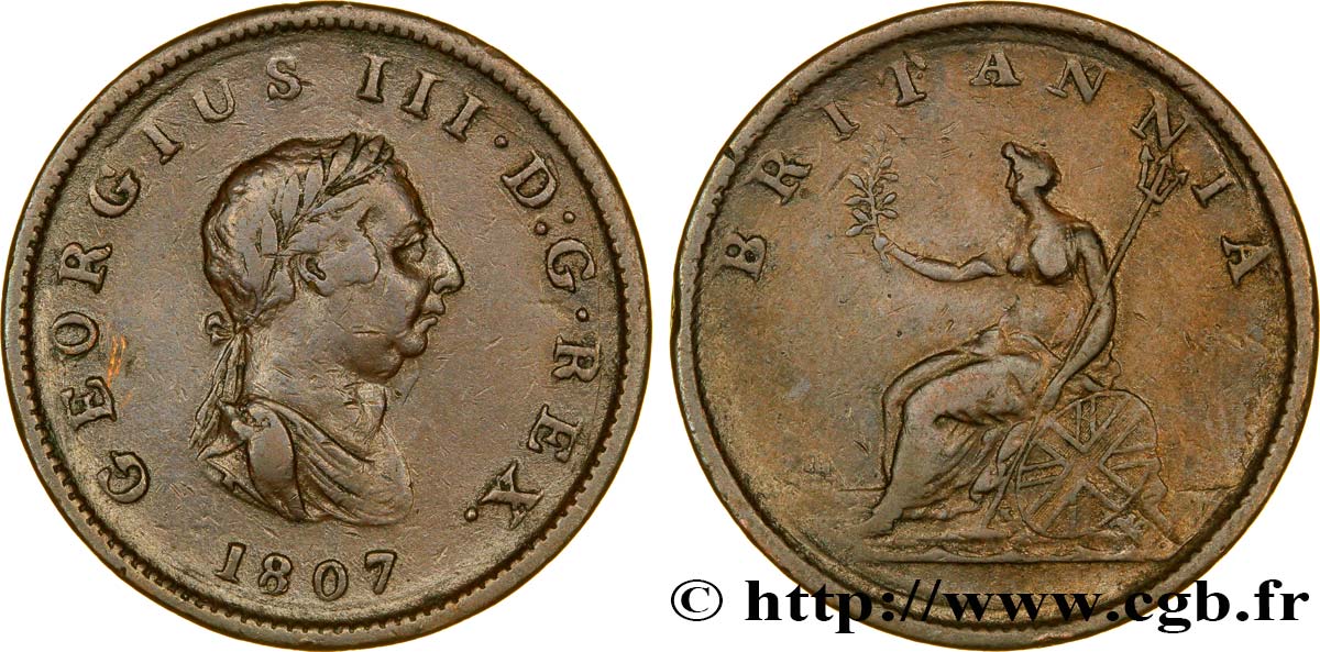 ROYAUME-UNI 1/2 Penny Georges III tête laurée 1807  TB 