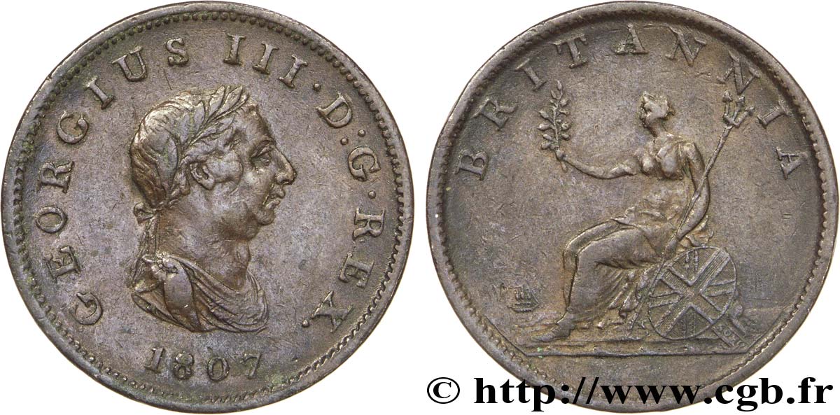 ROYAUME-UNI 1/2 Penny Georges III tête laurée 1807  TTB 