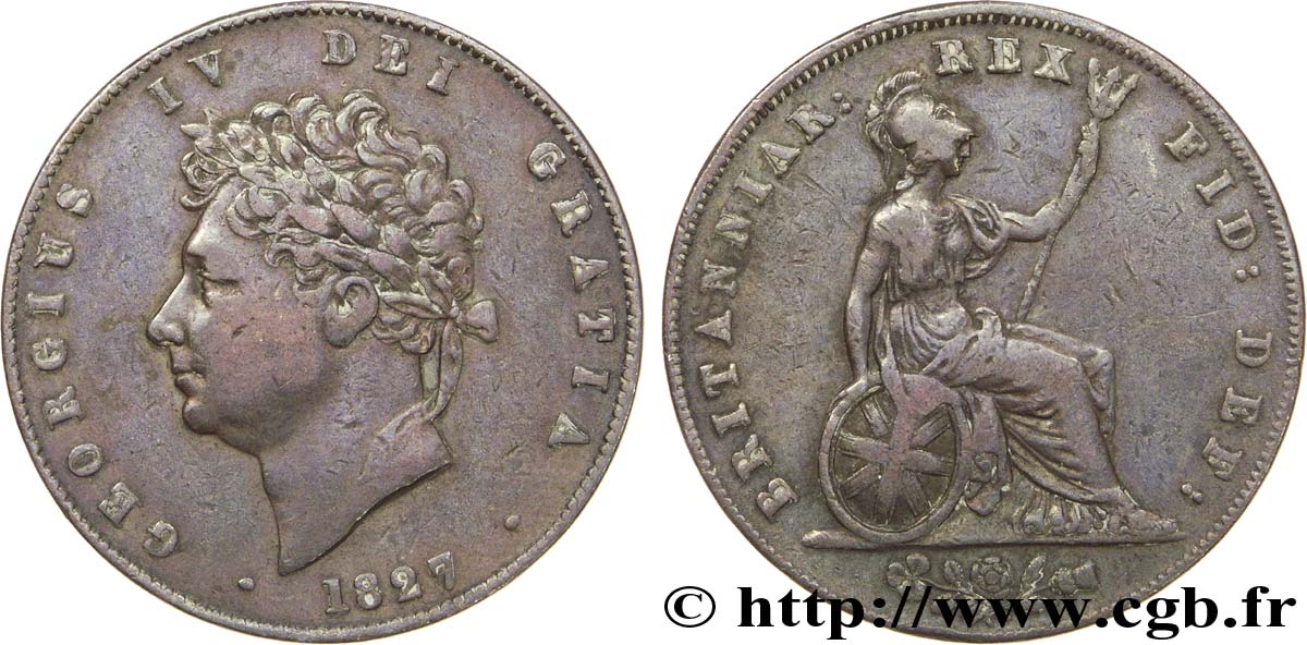 ROYAUME-UNI 1/2 Penny Georges IV tête laurée / Britannia 1827  TTB 