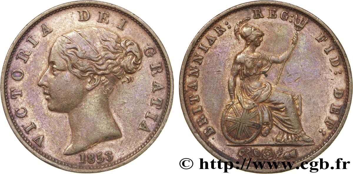 ROYAUME-UNI 1/2 Penny Victoria “tête jeune” 1853  TTB+ 