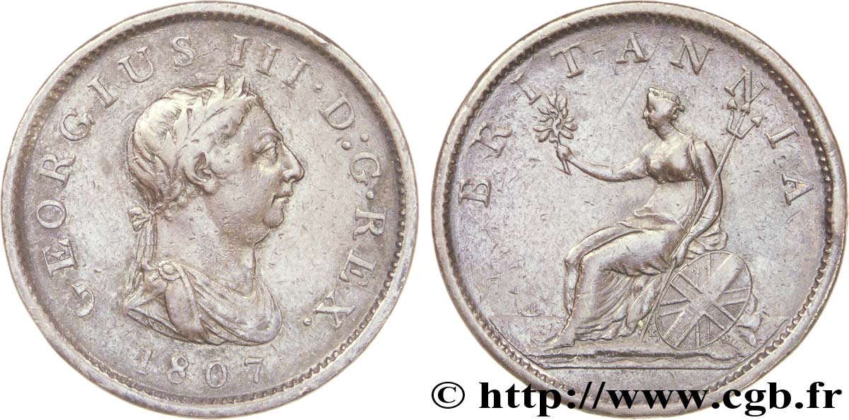ROYAUME-UNI 1 Penny Georges III tête laurée / Britannia 1807  TB+ 