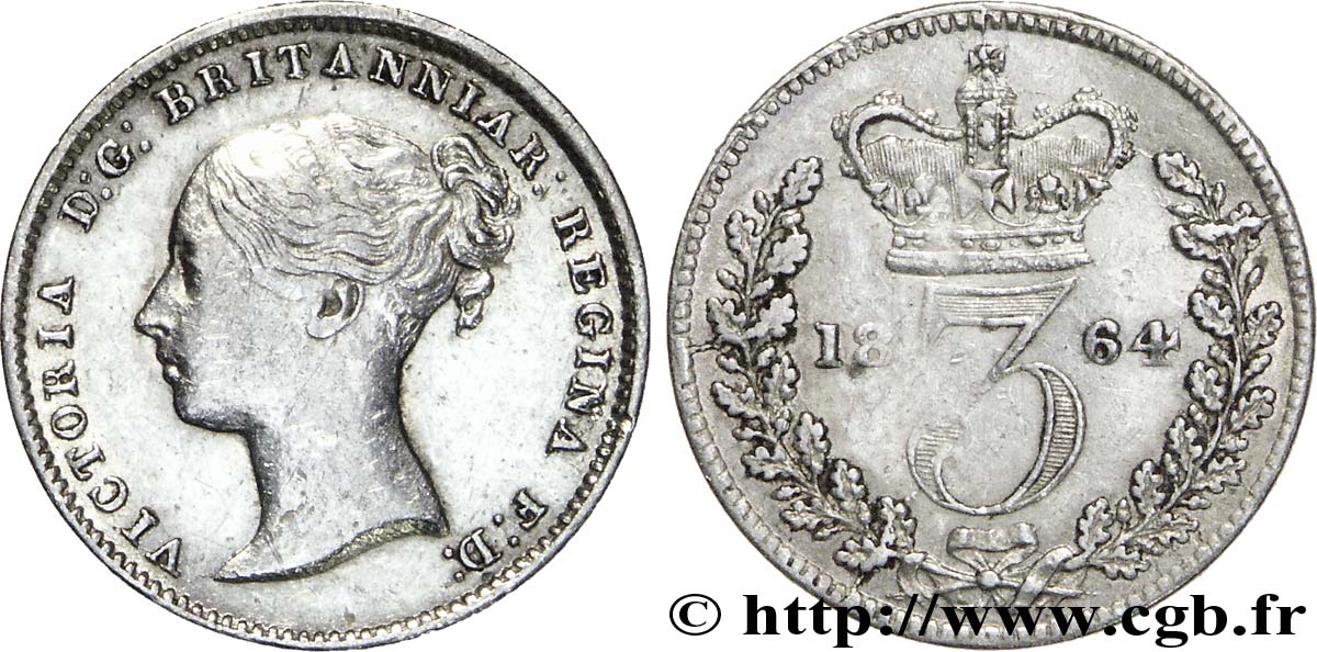 ROYAUME-UNI 3 Pence Victoria “Bun Head” 1864  TTB 