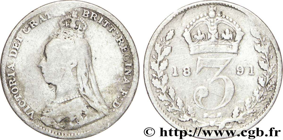 ROYAUME-UNI 3 Pence Victoria buste du jubilé 1891  B+ 