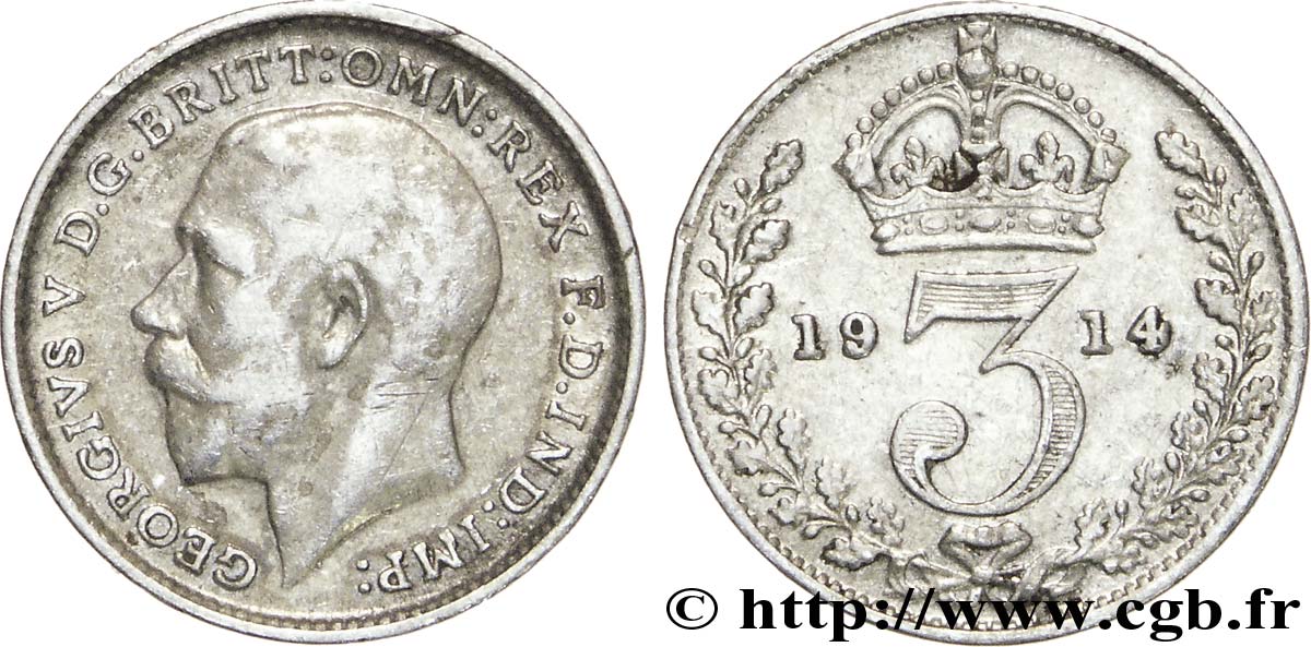 ROYAUME-UNI 3 Pence Georges V / couronne 1914  TB+ 