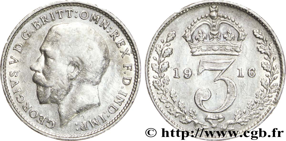 ROYAUME-UNI 3 Pence Georges V / couronne 1916  TTB 