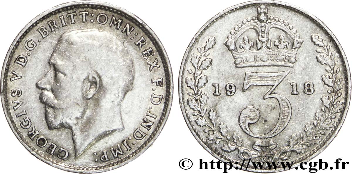 ROYAUME-UNI 3 Pence Georges V / couronne 1918  TTB 
