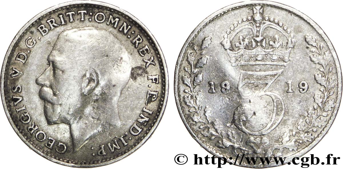 ROYAUME-UNI 3 Pence Georges V / couronne 1919  B 