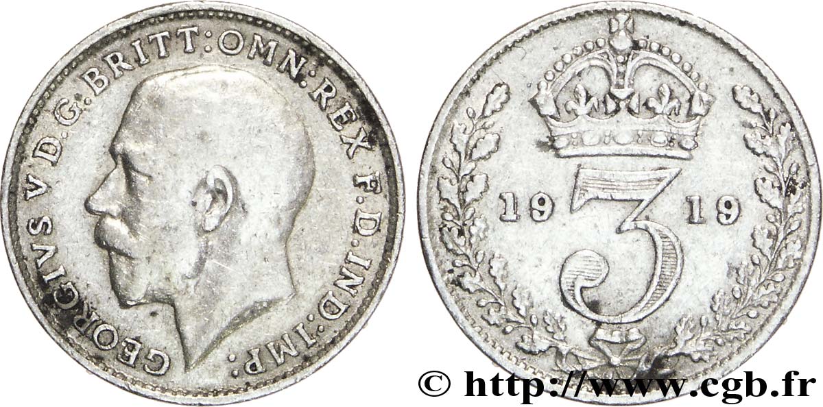 ROYAUME-UNI 3 Pence Georges V / couronne 1919  TB 