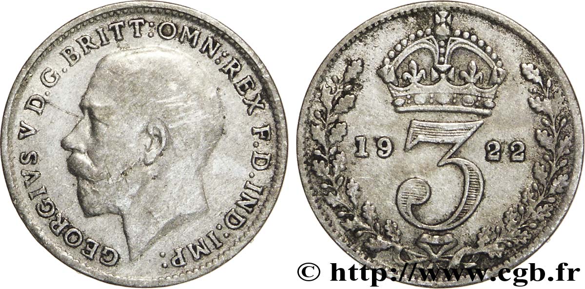 ROYAUME-UNI 3 Pence Georges V / couronne 1922  TB+ 