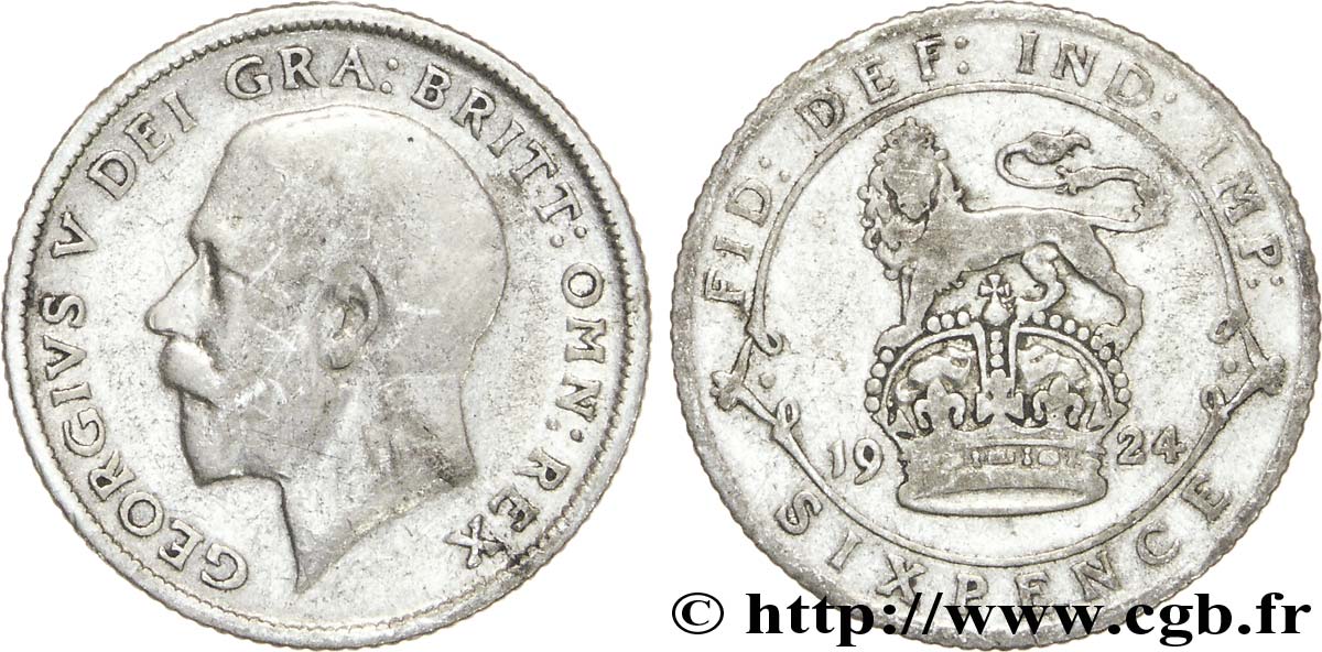 ROYAUME-UNI 6 Pence Georges V / lion surmontant une couronne 1924  TB 