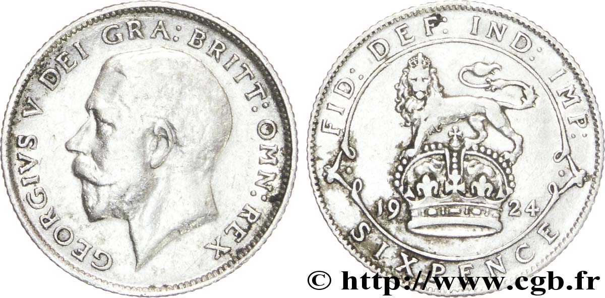 ROYAUME-UNI 6 Pence Georges V / lion surmontant une couronne 1924  TB+ 