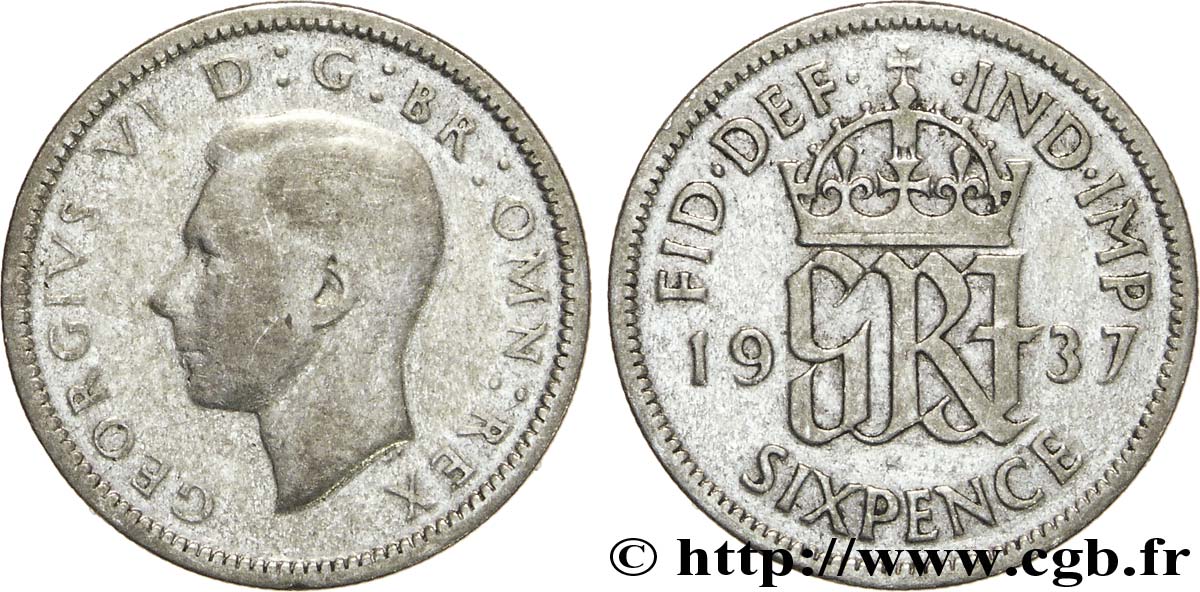 ROYAUME-UNI 6 Pence Georges VI / monograme GRI 1937  B+ 