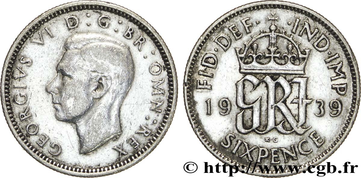 ROYAUME-UNI 6 Pence Georges VI / monograme GRI 1939  TB+ 
