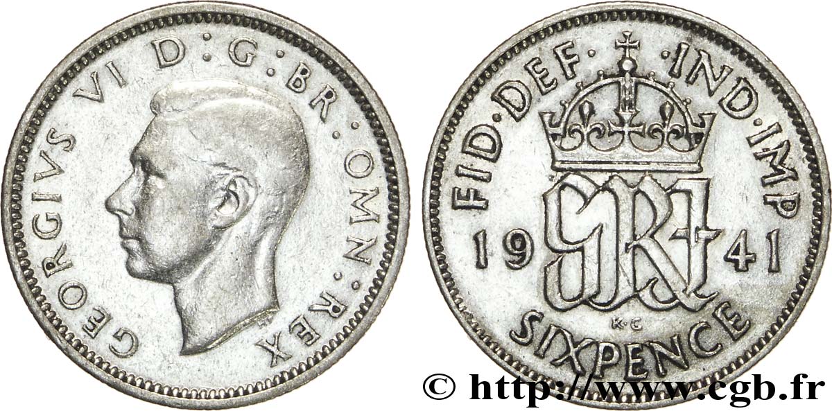 ROYAUME-UNI 6 Pence Georges VI / monograme GRI 1941  TTB 