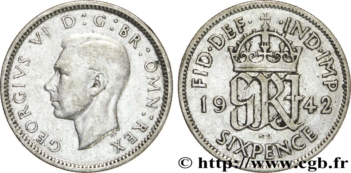 ROYAUME-UNI 6 Pence Georges VI / monograme GRI 1942  TB+ 