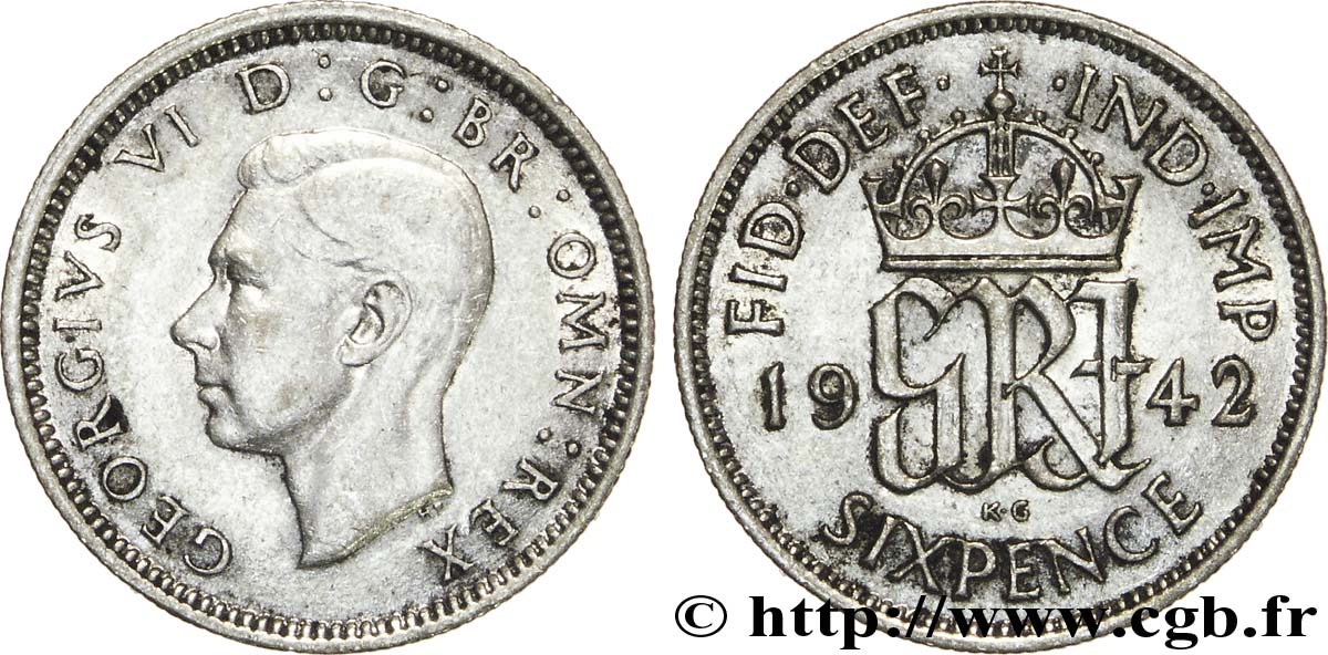 ROYAUME-UNI 6 Pence Georges VI / monograme GRI 1942  TTB 