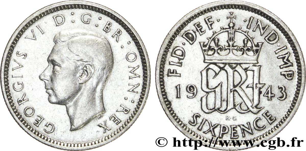 ROYAUME-UNI 6 Pence Georges VI / monograme GRI 1943  TTB 