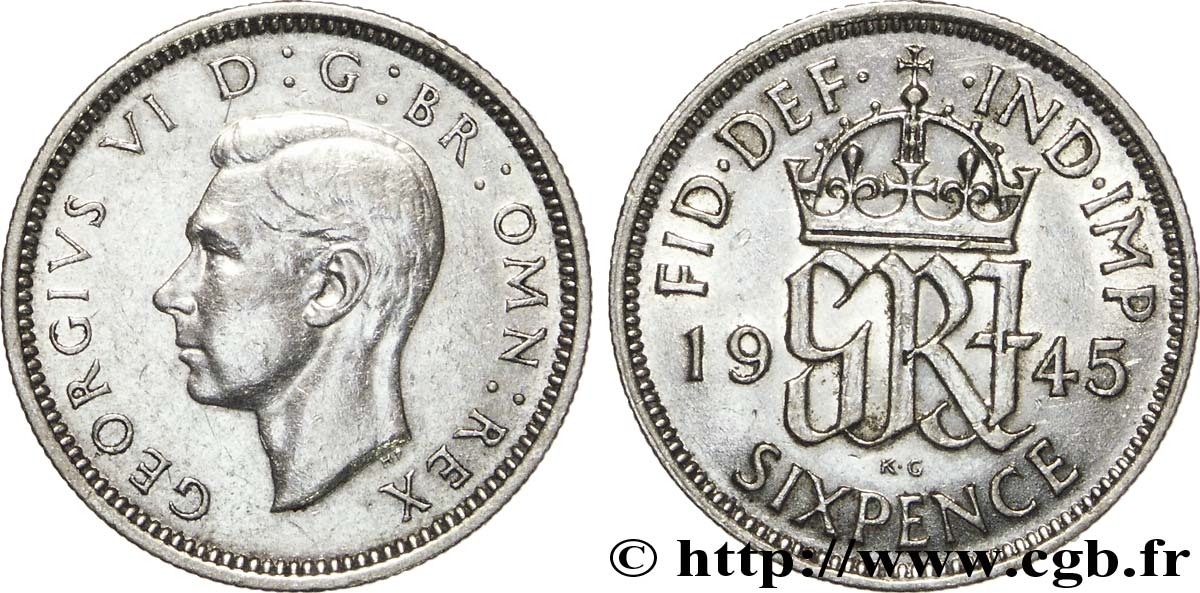 ROYAUME-UNI 6 Pence Georges VI / monograme GRI 1945  TTB+ 