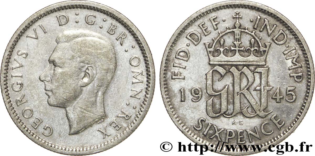 ROYAUME-UNI 6 Pence Georges VI / monograme GRI 1945  TB+ 