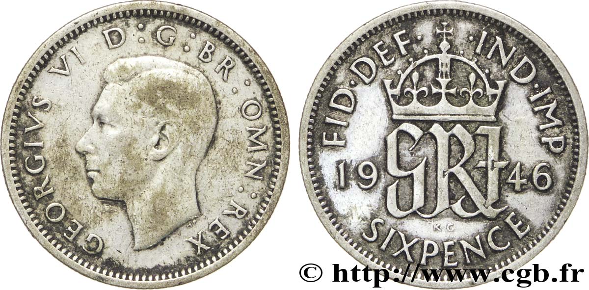 ROYAUME-UNI 6 Pence Georges VI / monograme GRI 1946  TB 