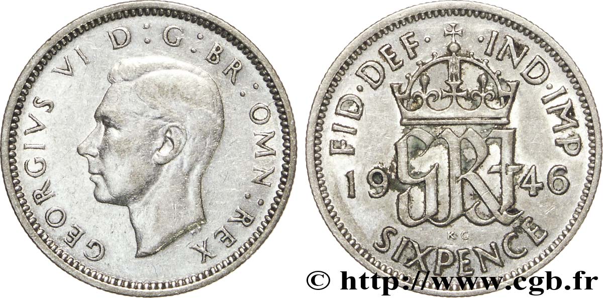 ROYAUME-UNI 6 Pence Georges VI / monograme GRI 1946  TTB+ 