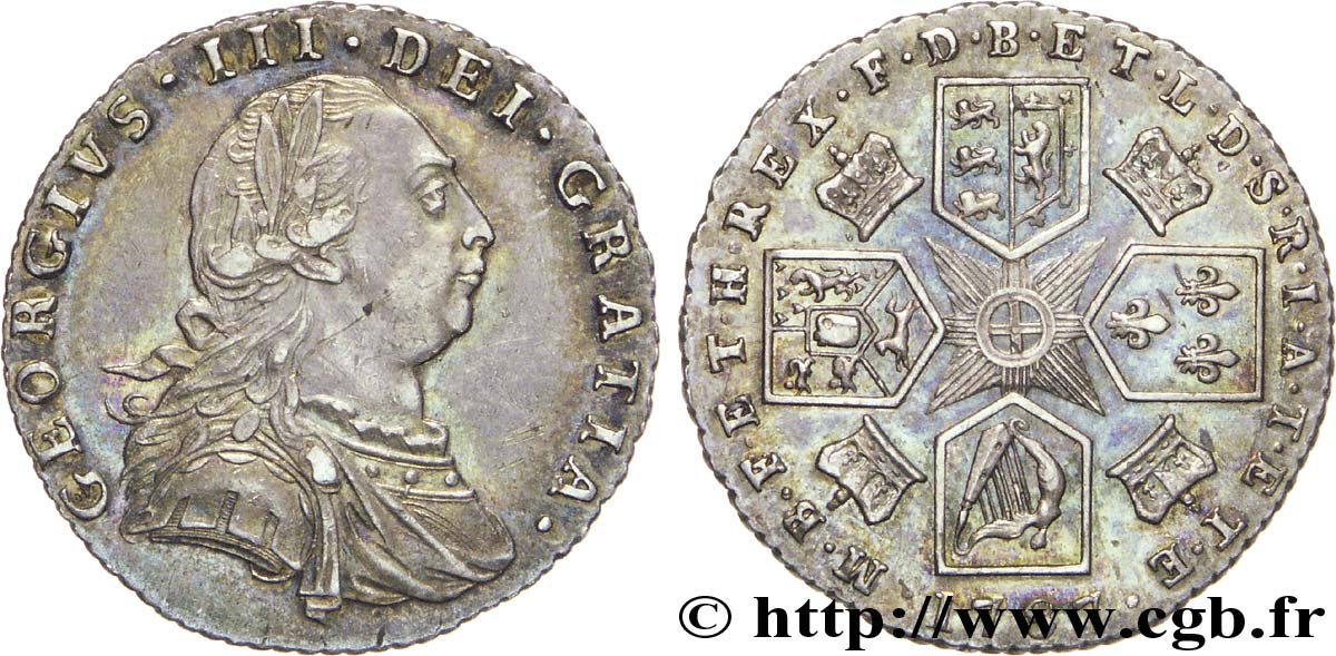 ROYAUME-UNI 6 Pence Georges III / emblème, type sans semée de coeur dans les armes de Hanovre 1787  SUP 