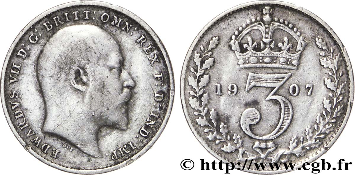 ROYAUME-UNI 3 Pence Edouard VII / couronne 1907  TTB 