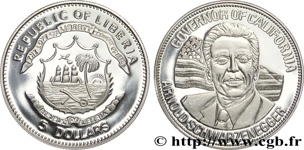 LIBERIA 5 Dollars BE armes / Arnold Schwarzenegger, gouverneur de Californie 2004  FDC 
