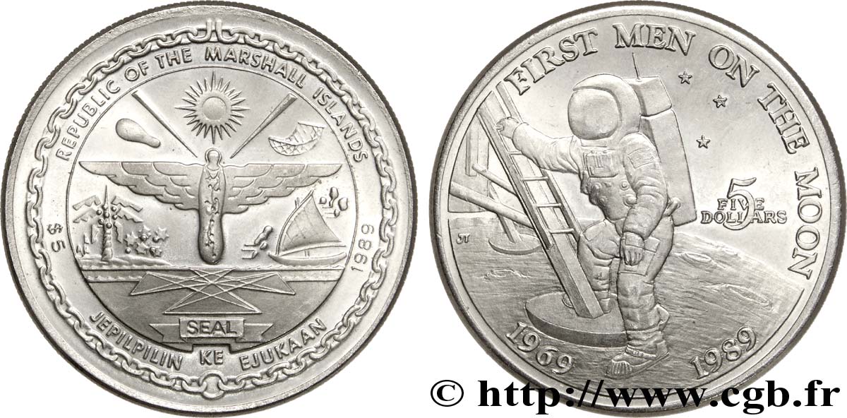ÎLES MARSHALL 5 Dollars armes / 20e anniversaire du premier homme sur la Lune 1989  SPL 