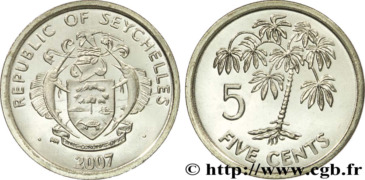 SEYCHELLES 5 Cents emblème / plant de tapioca 2007  SPL 