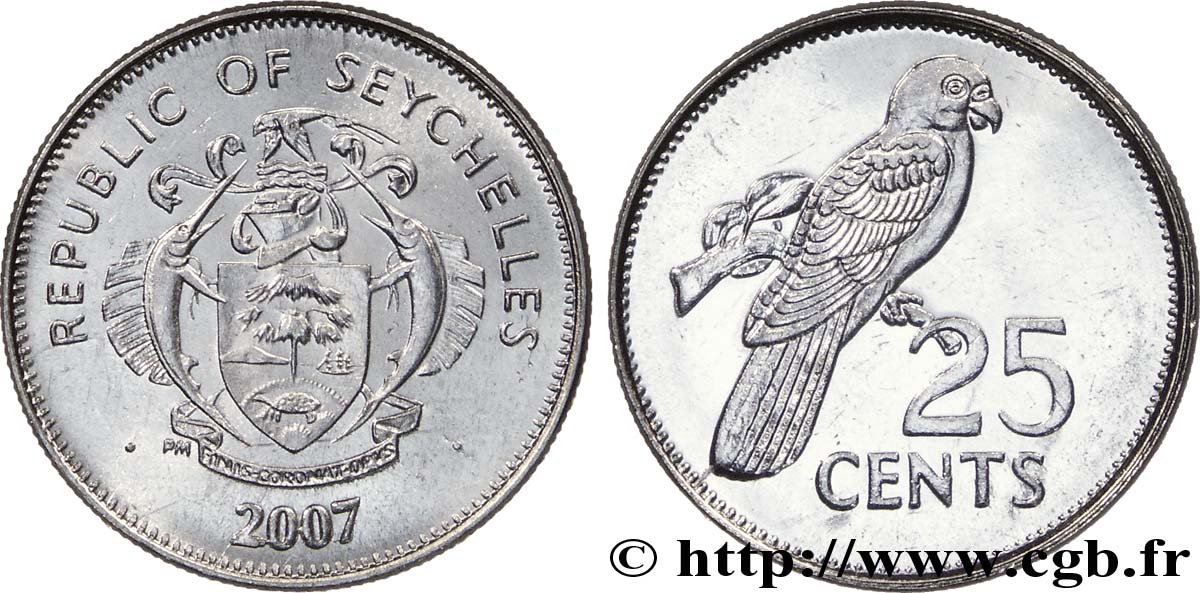 SEYCHELLES 25 Cents emblème / perroquet 2007  SPL 