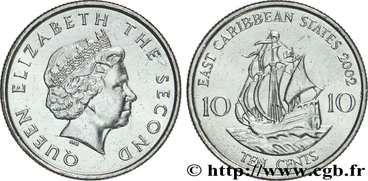 ÉTATS DE LA CARAÏBE ORIENTALE 10 Cents Elisabeth II / le ‘Golden Hind’, galion de Francis Drake 2002  SPL 