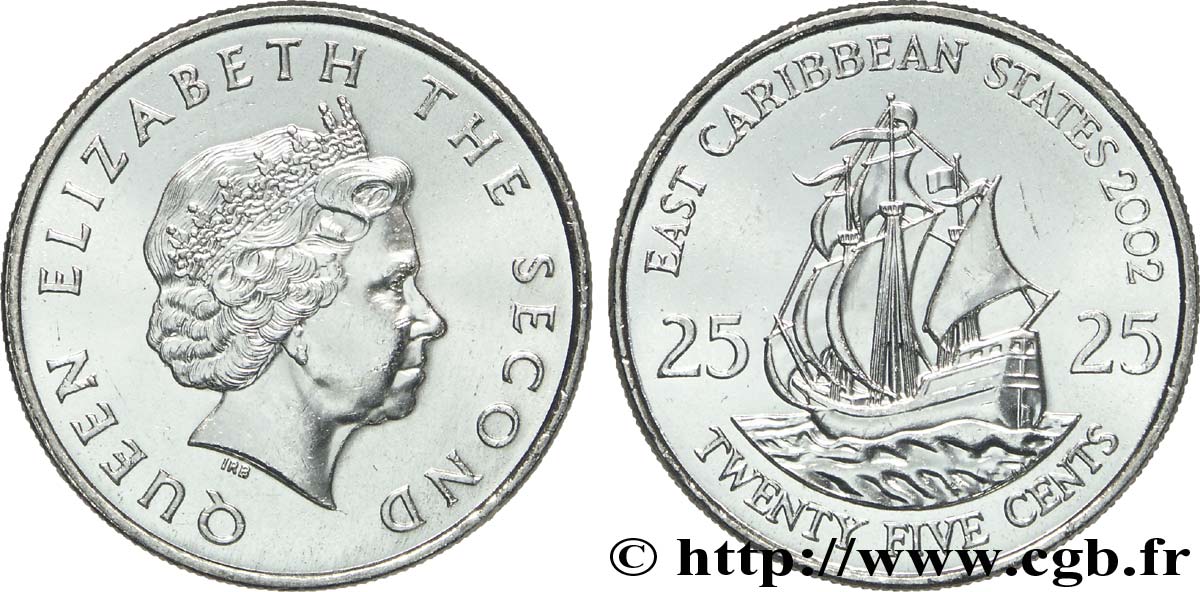 ÉTATS DE LA CARAÏBE ORIENTALE 25 Cents Elisabeth II / le ‘Golden Hind’, galion de Francis Drake 2002  SPL 
