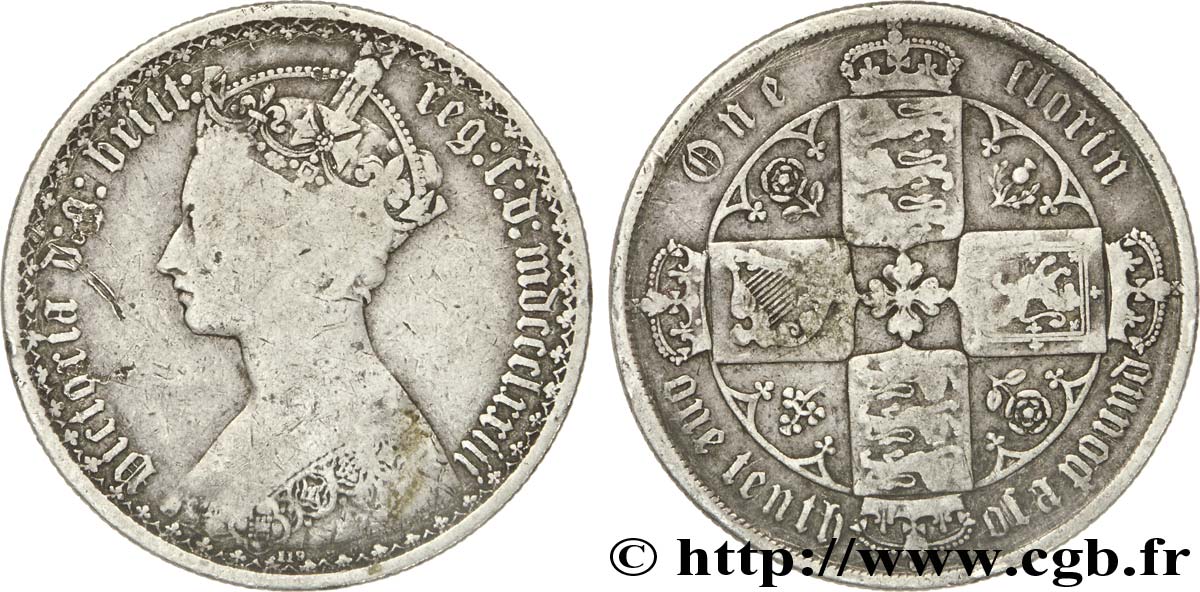 ROYAUME-UNI 1 Florin (1/10 Livre) type “Gothic” Victoria couronnée (mdccclxxiii = 1873), coin n°119 1873  TB 