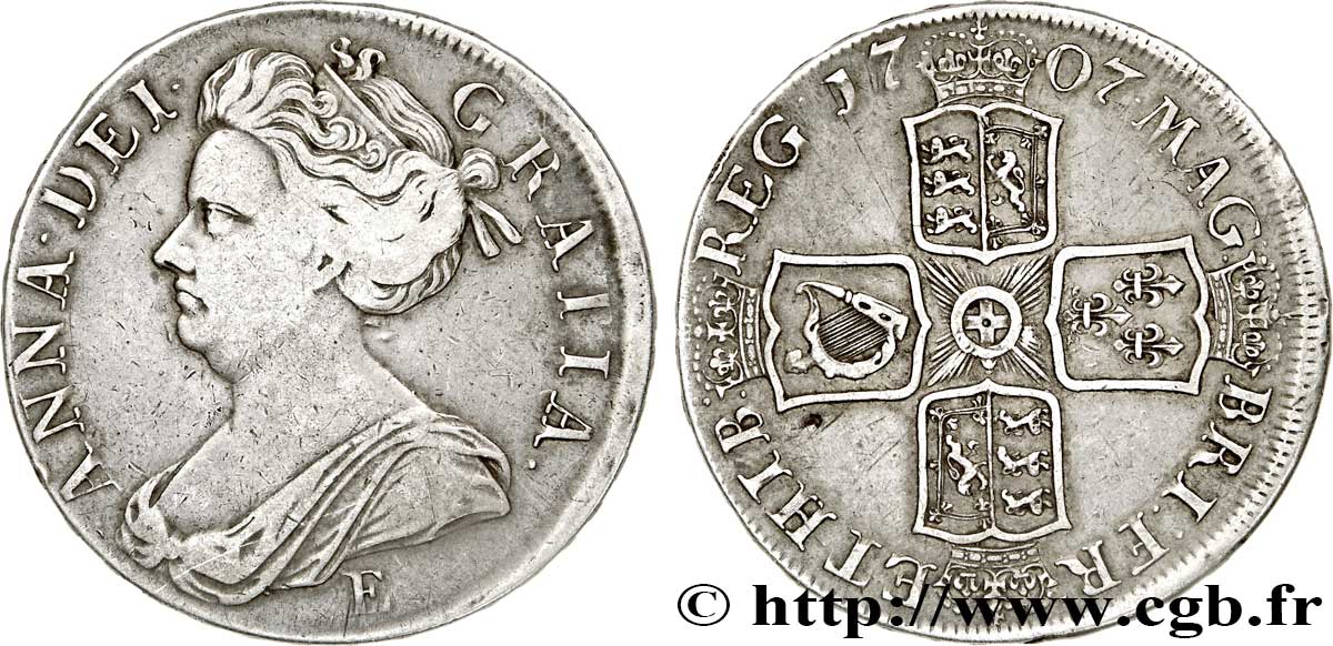 ROYAUME-UNI 1 Crown reine Anne / armes, 6e année de règne (“sexto” sur la tranche) 1707 Edimbourg TB+ 