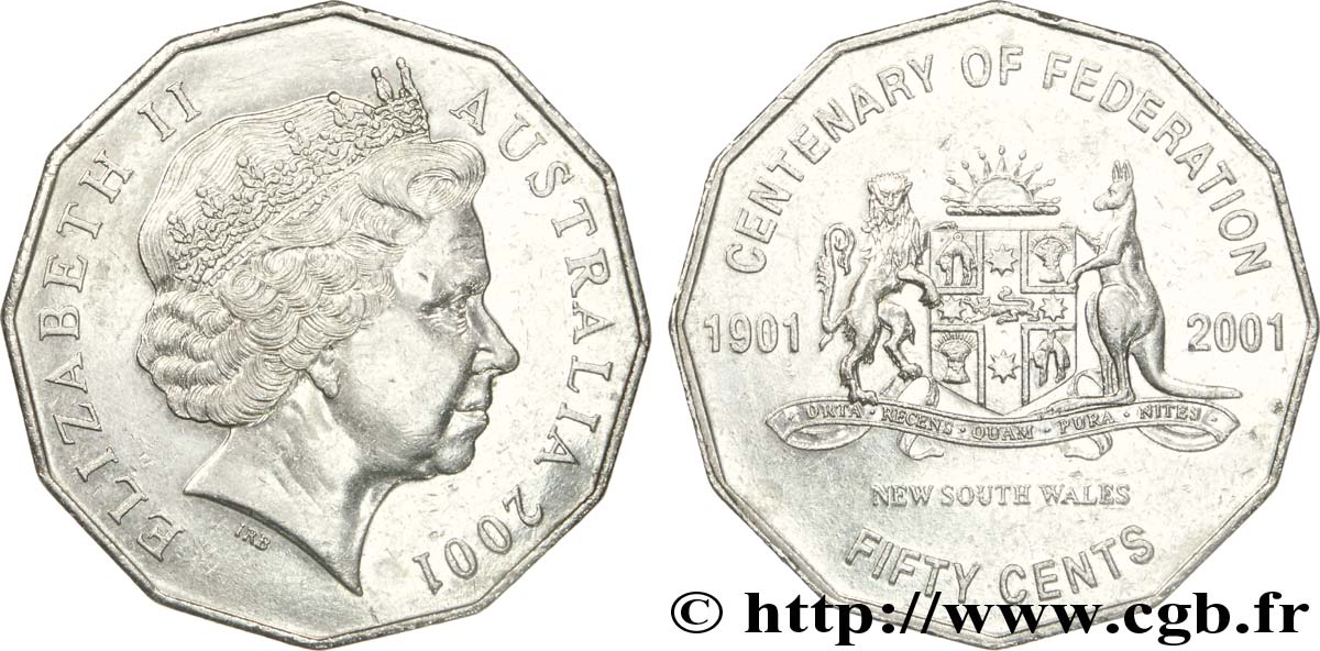 AUSTRALIE 50 Cents Centenaire de la Fédération : Elisabeth II / armes de la Nouvelle Galles du Sud 2001  TTB 